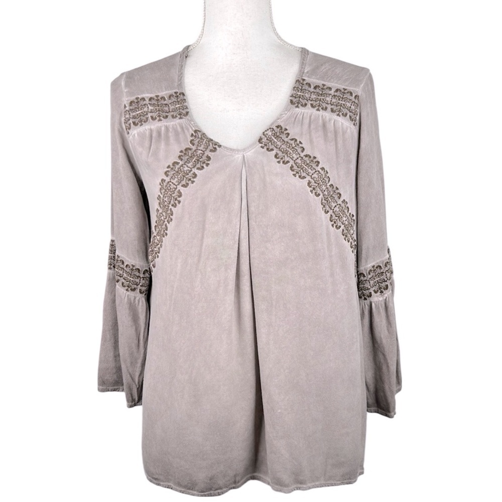 Knox Rose Brown Boho Embroidered Festival Folk Indie V-Neck Flowy Top Size Small